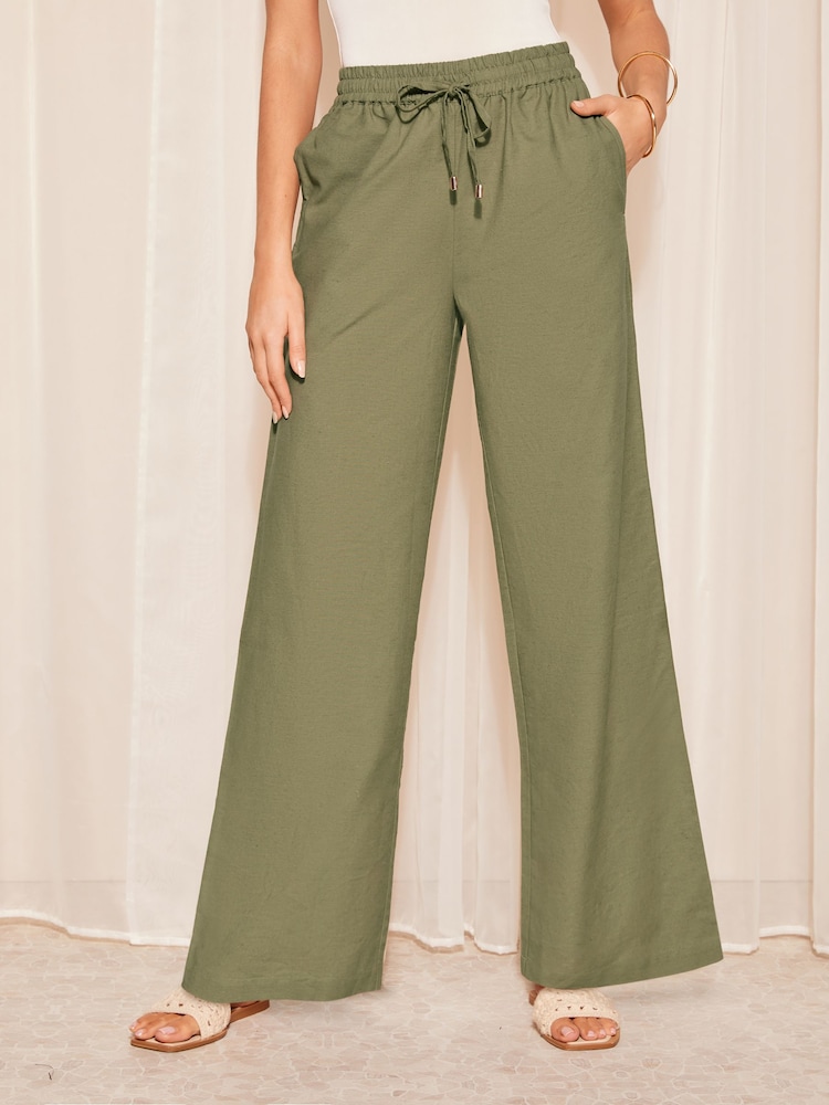 Friends Like These Khaki Green Wide Leg Trousers With Linen - Image 1 of 4