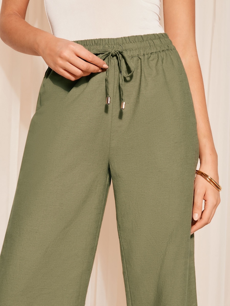 Friends Like These Khaki Green Wide Leg Trousers With Linen - Image 2 of 4