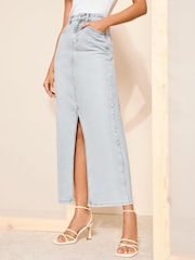 Friends Like These Bleach Blue Denim Split Front Midaxi Skirt - Image 1 of 4