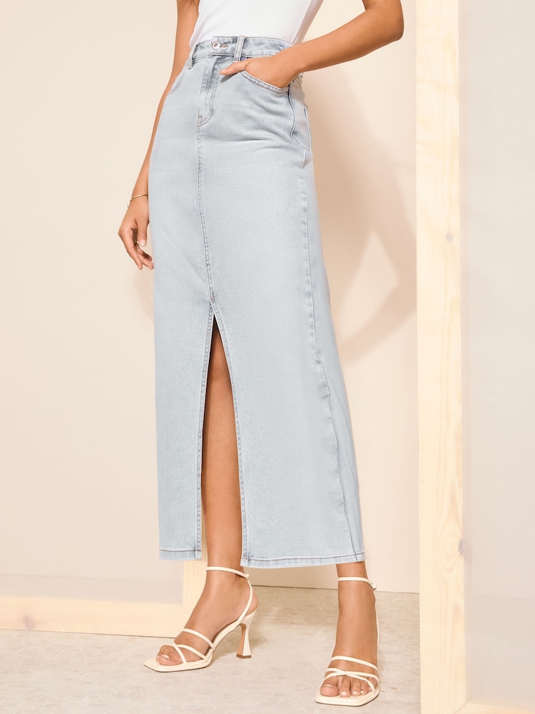 Friends Like These Bleach Blue Denim Split Front Midaxi Skirt - Image 1 of 4
