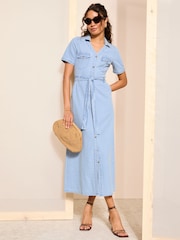 Friends Like These Light Blue Tie Waist Denim Shirt Midi Dress - Image 2 of 4