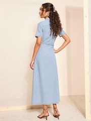 Friends Like These Light Blue Tie Waist Denim Shirt Midi Dress - Image 3 of 4