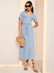 Friends Like These Light Blue Tie Waist Denim Shirt Midi Dress - Image 4 of 4