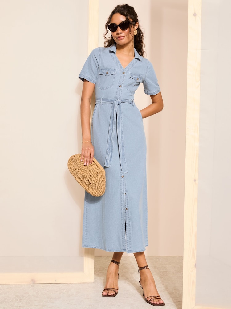 Friends Like These Light Blue Tie Waist Denim Shirt Midi Dress - Image 4 of 4