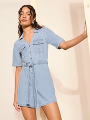 Friends Like These Light Blue Tie Waist Lightweight Denim Playsuit - Image 1 of 4