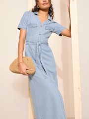 Friends Like These Light Blue Petite Tie Waist Denim Shirt Midi Dress - Image 3 of 4