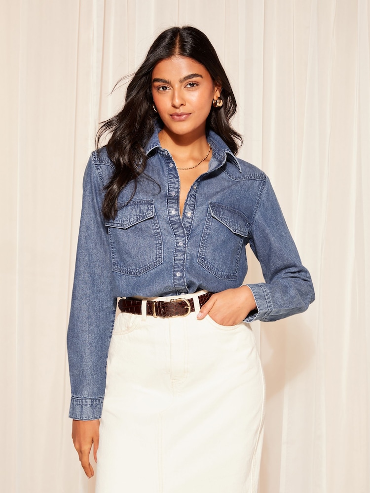 Friends Like These Mid Blue Western Button Through Denim Shirt - Image 2 of 4 Friends Like These Mid Blue Western Button Through Denim Shirt - Image 2 of 4