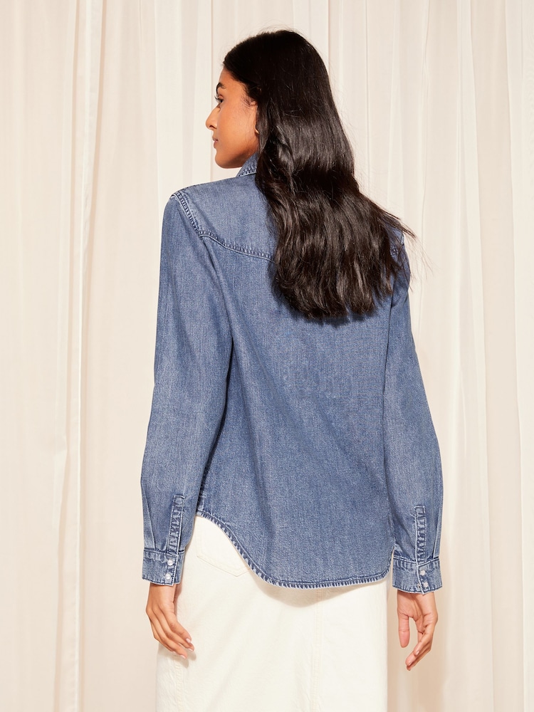Friends Like These Mid Blue Western Button Through Denim Shirt - Image 4 of 4 Friends Like These Mid Blue Western Button Through Denim Shirt - Image 4 of 4