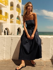 Black 100% Cotton Shirred Bandeau Midi Summer Dress - Image 1 of 6