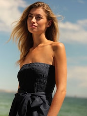 Black 100% Cotton Shirred Bandeau Midi Summer Dress - Image 4 of 6