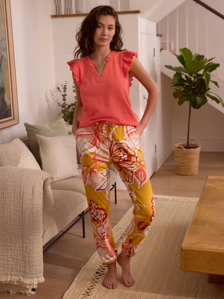 Ochre Yellow Floral 100% Cotton Pyjamas - Image 2 of 9