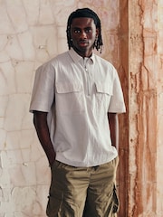 Grey EDIT Seersucker Short Sleeve Shirt With Zip - Image 1 of 8