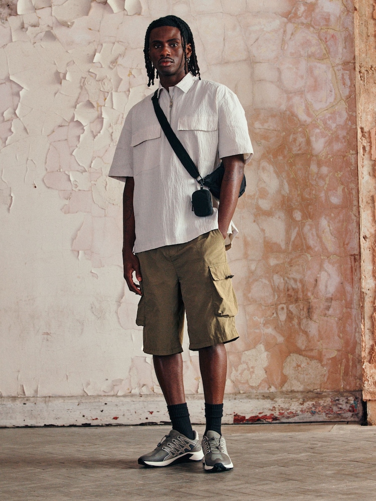 Grey EDIT Seersucker Short Sleeve Shirt With Zip - Image 2 of 8