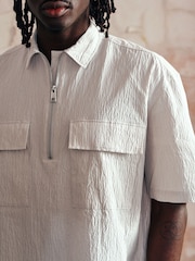 Grey EDIT Seersucker Short Sleeve Shirt With Zip - Image 5 of 8