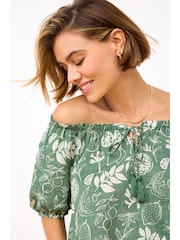 Green Floral Print Short Sleeve Tie Neck Bardot Blouse - Image 1 of 6