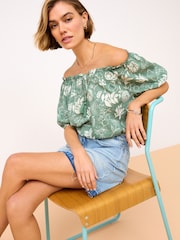 Green Floral Print Short Sleeve Tie Neck Bardot Blouse - Image 3 of 6