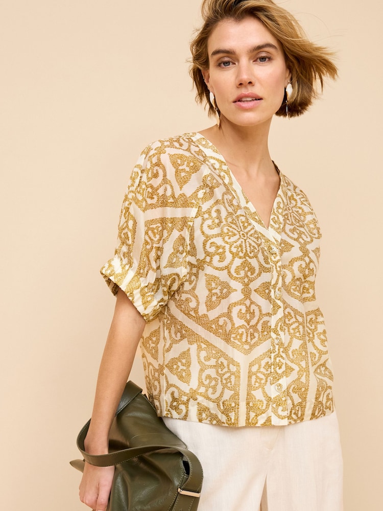 Ochre Yellow Tile Print Short Sleeve V-Neck Buttoned Front Blouse - Image 1 of 6