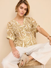 Ochre Yellow Tile Print Short Sleeve V-Neck Buttoned Front Blouse - Image 2 of 6