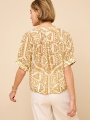 Ochre Yellow Tile Print Short Sleeve V-Neck Buttoned Front Blouse - Image 3 of 6