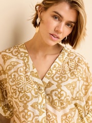 Ochre Yellow Tile Print Short Sleeve V-Neck Buttoned Front Blouse - Image 4 of 6