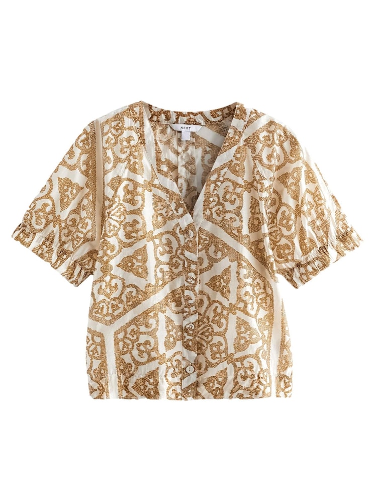 Ochre Yellow Tile Print Short Sleeve V-Neck Buttoned Front Blouse - Image 6 of 6