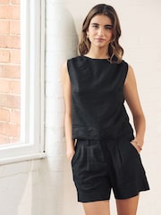 Black 100% Linen Sleeveless Tie Back Top - Image 2 of 6