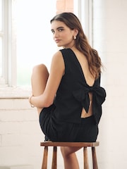 Black 100% Linen Sleeveless Tie Back Top - Image 3 of 6