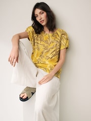 Ochre Yellow Leaf Gathered Short Sleeve Textured Boxy T-Shirt - Image 1 of 6