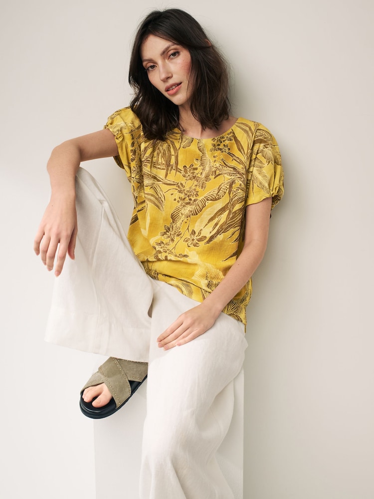 Ochre Yellow Leaf Gathered Short Sleeve Textured Boxy T-Shirt - Image 1 of 6