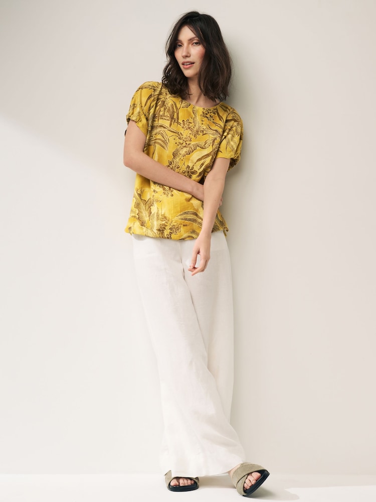 Ochre Yellow Leaf Gathered Short Sleeve Textured Boxy T-Shirt - Image 2 of 6