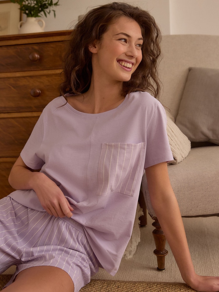 بنفسجي فاتح خطوط - بيجامات قطن بنسبة 100% - صورة 1 من 10