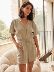 Green Stripe Crinkle Playsuit - Image 1 of 7