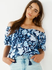 Morris & Co. Hyacinth Navy Floral - Kurzärmelige Carmen-Bluse mit Bindeband - Bild 1 von 6