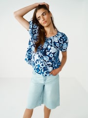 Morris & Co. Hyacinth Navy Floral - Kurzärmelige Carmen-Bluse mit Bindeband - Bild 2 von 6