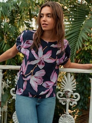 Kew Collection Navy Blue/Lilac Purple Floral Gathered Short Sleeve Textured Boxy T-Shirt - Image 1 of 5