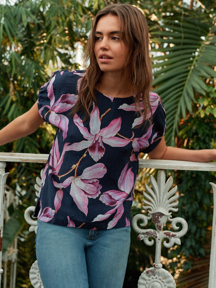 Kew Collection Navy Blue/Lilac Purple Floral Gathered Short Sleeve Textured Boxy T-Shirt - Image 1 of 5