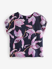 Kew Collection Navy Blue/Lilac Purple Floral Gathered Short Sleeve Textured Boxy T-Shirt - Image 4 of 5