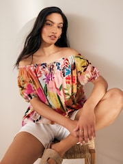 Multi Tropical Floral Print Short Sleeve Tie Neck Bardot Blouse - Image 1 of 6