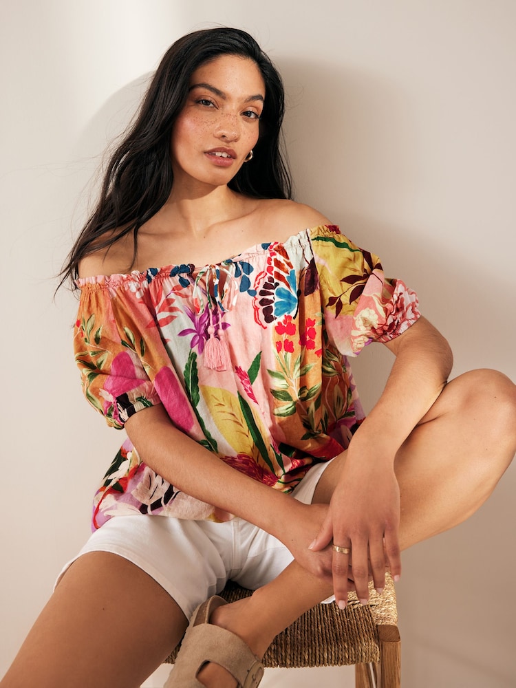 Multi Tropical Floral Print Short Sleeve Tie Neck Bardot Blouse - Image 1 of 6