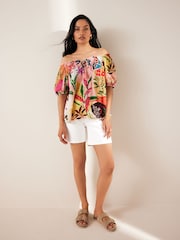 Multi Tropical Floral Print Short Sleeve Tie Neck Bardot Blouse - Image 2 of 6