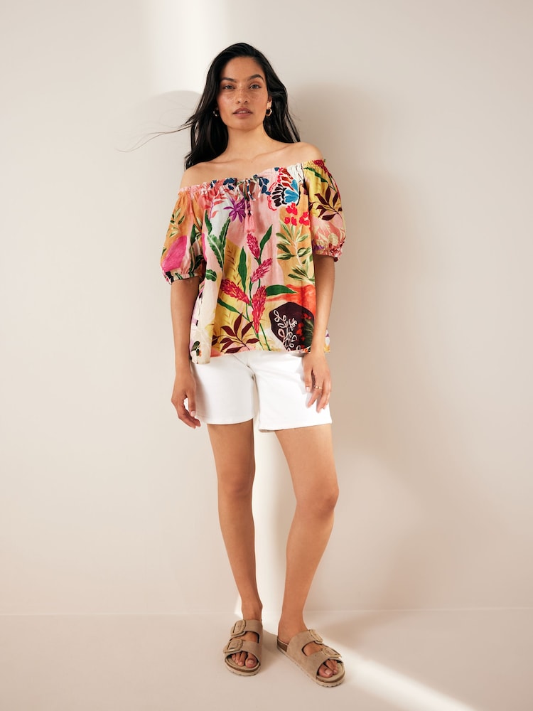 Multi Tropical Floral Print Short Sleeve Tie Neck Bardot Blouse - Image 2 of 6