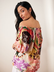Multi Tropical Floral Print Short Sleeve Tie Neck Bardot Blouse - Image 3 of 6