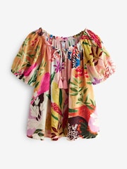 Multi Tropical Floral Print Short Sleeve Tie Neck Bardot Blouse - Image 5 of 6