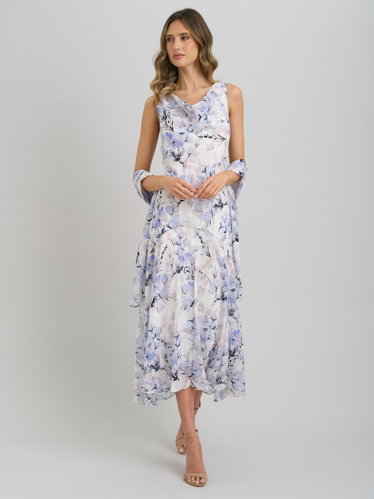 Gina Bacconi White Yana Floral Printed Cowl Midi Dress & Scarf - Image 1 of 8
