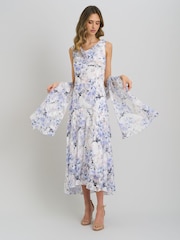 Gina Bacconi White Yana Floral Printed Cowl Midi Dress & Scarf - Image 2 of 8