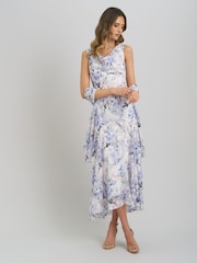 Gina Bacconi White Yana Floral Printed Cowl Midi Dress & Scarf - Image 3 of 8