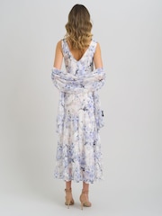 Gina Bacconi White Yana Floral Printed Cowl Midi Dress & Scarf - Image 5 of 8