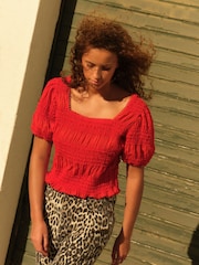 Red Short Sleeve Smock Tie Back Top - Image 1 of 6
