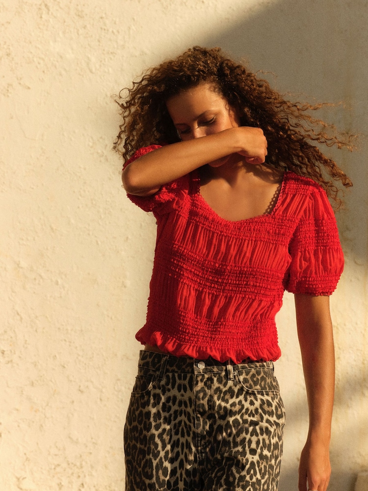Red Short Sleeve Smock Tie Back Top - Image 2 of 6