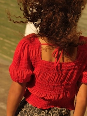 Red Short Sleeve Smock Tie Back Top - Image 4 of 6